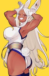 Rule 34 | 1girl, :d, absurdres, animal ears, armpits, arms up, ass, bare shoulders, boku no hero academia, breasts, clothing cutout, crescent print, dark-skinned female, dark skin, from side, fur collar, gloves, highleg, highleg leotard, highres, large breasts, leotard, long eyelashes, long hair, looking at viewer, mirko, open mouth, parted bangs, purple thighhighs, rabbit ears, rabbit girl, rabbit pose, rabbit tail, red eyes, sleeveless turtleneck leotard, smile, solo, suna (hanahanaamika), tail, tail through clothes, teeth, thick thighs, thighhighs, thighs, toned female, uneven eyes, very long hair, white gloves, white hair, white leotard, yellow background