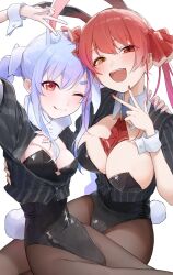 Rule 34 | 2girls, absurdres, animal ears, arm up, black leotard, black pantyhose, blue hair, blue nails, blush, braid, breasts, cleavage, fake animal ears, fake tail, gradient hair, hand on another&#039;s shoulder, heterochromia, highres, hololive, houshou marine, large breasts, leotard, medium breasts, multicolored hair, multiple girls, one eye closed, open mouth, pantyhose, playboy bunny, purple hair, rabbit ears, rabbit tail, red eyes, red hair, red nails, simple background, smile, tail, teeth, thick eyebrows, twin braids, twintails, uohara shinji, upper teeth only, usada pekora, virtual youtuber, white background, white hair, wrist cuffs, yellow eyes