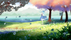 Rule 34 | 1girl, absurdres, arm behind back, blue bow, blue dress, blue eyes, blue hair, blurry, blurry foreground, bow, breasts, cherry blossoms, cirno, closed mouth, daisy, day, depth of field, dress, flower, from side, full body, grass, hair bow, highres, horizon, ice, ice wings, jiege, kneehighs, lake, outdoors, outstretched arm, petticoat, pinafore dress, pink flower, puffy short sleeves, puffy sleeves, reaching, reaching towards viewer, red neckwear, red ribbon, ribbon, sandals, scenery, short hair, short sleeves, sleeveless, sleeveless dress, small breasts, smile, socks, solo, standing, touhou, tree, water, white flower, white socks, wide shot, wind, wind lift, wings