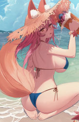 Rule 34 | 1girl, animal ear fluff, animal ears, ass, back, bad id, bad twitter id, bare arms, bare shoulders, bikini, blue bikini, blush, bracelet, breasts, brown eyes, ears through headwear, fate/grand order, fate (series), fox ears, fox girl, fox tail, halterneck, hat, highres, jewelry, large breasts, long hair, looking at viewer, looking back, myao (o3o333), pink hair, shoulder blades, side-tie bikini bottom, sidelocks, solo, straw hat, string bikini, swimsuit, tail, tamamo (fate), tamamo no mae (fate/extra), tamamo no mae (swimsuit lancer) (fate), thighs, tongue, tongue out, yellow eyes