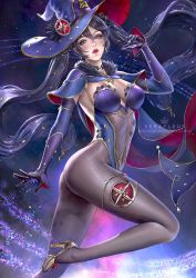 Rule 34 | 1girl, artist name, ass, black hair, blue eyes, breasts, fur collar, genshin impact, gloves, hat, highres, knee up, long hair, looking at viewer, medium breasts, mona (genshin impact), parted lips, patreon username, purple hat, red lips, serafleur, skin tight, solo, taut clothes, teeth, upper teeth only, very long hair, witch hat