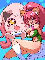 Rule 34 | 1girl, 1other, absurdres, animal ears, animal hands, ass, blue background, blush, blush stickers, breasts, cat ears, cat girl, cat tail, cleavage, cleavage cutout, clothing cutout, creatures (company), crossover, dated, day, fangs, fangs out, game freak, gloves, grabbing, happy, highres, hug, huge ass, large breasts, legs apart, leotard, long hair, looking at viewer, navel, navel cutout, nintendo, no humans, one eye closed, open mouth, perisie (star ocean), pink hair, pokemon, pokemon (creature), ponytail, red eyes, ryoi, scream tail, shiny clothes, shiny skin, simple background, sky, smile, solo, star ocean, star ocean first departure, tail, thong leotard, very long hair, wink, yellow eyes