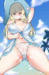 Rule 34 | absurdres, blue ribbon, breasts, collared dress, creatures (company), crotch seam, dress, game freak, gluteal fold, green eyes, hat, hat ribbon, highres, kenron toqueen, large breasts, lillie (pokemon), long hair, nintendo, panties, pokemon, pokemon sm, ribbon, sleeveless, sleeveless dress, sun hat, sundress, underwear, white dress, white headwear, white panties