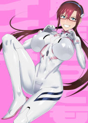 Rule 34 | 1girl, absurdres, blue eyes, blush, bodysuit, breasts, brown hair, covered erect nipples, covered navel, evangelion: 3.0+1.0 thrice upon a time, glasses, grin, hairpods, highres, huge breasts, impossible bodysuit, impossible clothes, interface headset, ippo, large breasts, long hair, looking at viewer, makinami mari illustrious, neon genesis evangelion, parted lips, pilot suit, plugsuit, rebuild of evangelion, shiny clothes, shiny skin, skin tight, smile, solo, teeth, twintails, white bodysuit