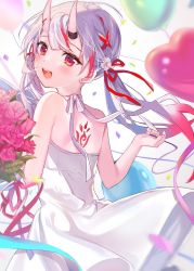 Rule 34 | 1girl, back tattoo, balloon, blurry, blurry background, blush, bouquet, commentary request, confetti, dress, fang, flower, hair between eyes, hair ribbon, highres, holding, holding bouquet, hololive, horns, looking at viewer, looking back, multicolored hair, nakiri ayame, nana kagura, open mouth, red eyes, red hair, red ribbon, ribbon, sidelocks, silver hair, skin-covered horns, sleeveless, sleeveless dress, solo, streaked hair, tattoo, twintails, virtual youtuber, white dress