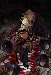 Rule 34 | 6+boys, absurdres, arm behind back, blood, blood on clothes, blood on face, blood on ground, blue hair, capelet, chinese commentary, closed mouth, commentary request, dark blue hair, gold trim, grey eyes, grin, hair between eyes, highres, long sleeves, male focus, medium hair, multiple boys, multiple persona, open mouth, purple robe, qianqiu867, robe, saibou shinkyoku, shirt, short hair, smile, stole, utsugi noriyuki, white capelet, white shirt, wide sleeves, yellow eyes