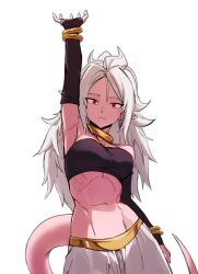 Rule 34 | 1girl, absurdres, android 21, arm up, armpits, bracelet, breasts, closed mouth, colored skin, dragon ball, dragon ball fighterz, earrings, expressionless, female focus, highres, jewelry, long hair, majin android 21, medium breasts, navel, pants, pink skin, pointy ears, red eyes, solo, strapless, tail, toned, toned female, tube top, white hair, white pants, zequung