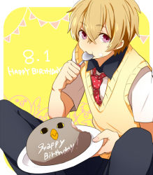 Rule 34 | 10s, bird, black pants, blonde hair, cake, closed mouth, collar, collared shirt, eating, eyebrows, food, food on face, free!, hair between eyes, happy birthday, hazuki nagisa, hiiroichi, holding, holding spoon, looking at viewer, male focus, necktie, pants, pastry, pink eyes, red necktie, school uniform, shadow, shirt, short hair, short sleeves, simple background, spoon, string of flags, sweater vest, tray, upper body, utensil in mouth, vest, yellow background