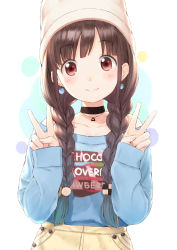 Rule 34 | 1girl, bare shoulders, bashosho, beanie, black choker, blue shirt, blush, braid, brown eyes, brown hair, brown pants, choker, closed mouth, clothes writing, collarbone, commentary request, double v, earrings, fingernails, hair ornament, hands up, hat, highres, idolmaster, idolmaster shiny colors, jewelry, long hair, long sleeves, low twintails, off-shoulder shirt, off shoulder, pants, shirt, sleeves past wrists, smile, solo, sonoda chiyoko, twin braids, twintails, upper body, v, white hat