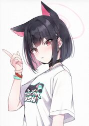 Rule 34 | 1girl, animal ears, black choker, black hair, black mask, blue archive, blunt ends, blush, bracelet, cat ears, chisamikan, choker, colored inner hair, earrings, extra ears, halo, hand up, highres, jewelry, kazusa (band) (blue archive), kazusa (blue archive), logo, looking at viewer, mask, mask pull, mouth mask, multicolored hair, pink hair, print shirt, red eyes, shirt, short hair, short sleeves, simple background, solo, stud earrings, triangle mouth, two-tone hair, upper body, white background, white shirt