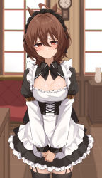Rule 34 | 1girl, absurdres, agnes tachyon (umamusume), alternate costume, animal ears, apron, black bow, black bowtie, black dress, black thighhighs, blush, bow, bowtie, brown hair, collared dress, dress, embarrassed, enmaided, frilled dress, frills, garter straps, hands on lap, highres, horse ears, horse girl, juliet sleeves, long sleeves, maid, maid apron, maid headdress, nagaburo imoni, own hands together, puffy sleeves, red eyes, short hair, solo, thighhighs, umamusume, white apron, zettai ryouiki