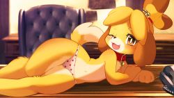 Rule 34 | 1girl, :3, ancesra, animal crossing, animal ears, animal hands, animal nose, arm support, bell, blonde hair, blurry, blurry background, blush, body fur, bright pupils, brown hair, chair, collar, corded phone, desk, dog ears, dog girl, dog tail, fang, female focus, flat chest, furry, furry female, hair bell, hair ornament, hair tie, happy, heart, heart panties, heart print, highres, holding, holding leash, indoors, isabelle (animal crossing), jingle bell, leash, legs together, looking at viewer, lying, multicolored hair, navel, nintendo, nipples, on desk, on side, one eye closed, open mouth, panties, parted bangs, phone, print panties, short hair, skindentation, smile, snout, solo, stomach, tail, tongue, topknot, topless, two-tone fur, two-tone hair, underwear, underwear only, white fur, white panties, white pupils, wide hips, wink, yellow eyes, yellow fur