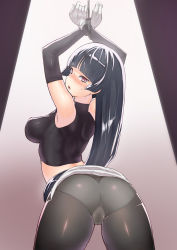 Rule 34 | 1girl, alternate color, ass, bad anatomy, bare shoulders, bdsm, black hair, blush, bondage, bound, bound wrists, breasts, cameltoe, creatures (company), elbow gloves, female focus, from behind, game freak, gloves, gym leader, large breasts, leaning, leaning forward, long hair, looking at viewer, looking back, miniskirt, nintendo, open mouth, panties, panties under pantyhose, pantyhose, parted lips, pokemon, red eyes, sabrina (pokemon), shiny clothes, sideboob, skin tight, skirt, solo, sweatdrop, teardrop, toranoe, underwear, upskirt, wet, wet clothes, wet panties