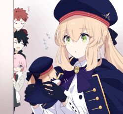 Rule 34 | 2boys, 2girls, artoria caster (fate), artoria caster (second ascension) (fate), artoria pendragon (fate), beret, black dress, black gloves, black hair, black jacket, black ribbon, blue cloak, blue headwear, bow, breasts, buttons, cloak, closed eyes, closed mouth, collared shirt, dress, fate/grand order, fate (series), fujimaru ritsuka (male), gem, gloves, gold trim, green eyes, green gemstone, grey sweater, hair between eyes, hair over one eye, hat, jacket, long hair, long sleeves, mash kyrielight, meme, multiple boys, multiple girls, necktie, non-web source, open mouth, orange hair, ornament, pink eyes, pink hair, purple bow, ribbon, shirt, short hair, simple background, small breasts, smile, sweater, twintails