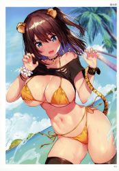 Rule 34 | 1girl, absurdres, animal ears, aqua eyes, bikini, black legwear, blurry, bracelet, breasts, brown hair, choker, claw pose, cleavage, clothes lift, contrapposto, cowboy shot, day, depth of field, fangs, flower bracelet, highres, horizon, jewelry, large breasts, looking at viewer, mataro (matarou), medium hair, nail polish, navel, one side up, open mouth, outdoors, palm tree, scan, shirt, shirt lift, side-tie bikini bottom, solo, standing, sweat, swimsuit, tail, tiger ears, tiger tail, toranoana, torn clothes, torn shirt, tree, v-shaped eyebrows, wristband, yellow bikini