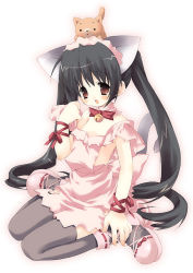 Rule 34 | 1girl, animal, animal ears, animal on head, apron, bell, black hair, black thighhighs, candy, cat, cat ears, cat on head, cat tail, collar, food, jingle bell, lollipop, long hair, maid, maid apron, morinaga korune, naked apron, neck bell, on head, open mouth, solo, tail, thighhighs, twintails