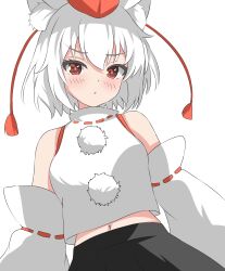 Rule 34 | 1girl, animal ears, black skirt, blush, commentary, detached sleeves, hat, highres, inubashiri momiji, looking at viewer, navel, open mouth, pom pom (clothes), red eyes, red hat, ribbon-trimmed sleeves, ribbon trim, setsugetsuka436, shirt, short hair, simple background, skirt, solo, symbol-only commentary, tokin hat, touhou, white background, white hair, white shirt, wolf ears, wolf girl