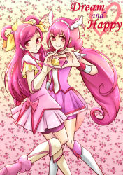 Rule 34 | 00s, 10s, 2girls, :&gt;, bike shorts, boots, bow, character name, color connection, creator connection, cure dream, cure happy, dress, eyelashes, floral background, flower, full body, gradient background, hair ribbon, hair rings, heart, heart hands, heart hands duo, hoshizora miyuki, knee boots, long hair, multiple girls, pink background, pink bow, pink dress, pink eyes, pink flower, pink hair, pink rose, pink shorts, pink skirt, pink theme, precure, ribbon, rose, shorts, shorts under skirt, skirt, smile, smile precure!, tiara, twintails, yellow background, yes! precure 5, yumehara nozomi, yuni (monoxx)