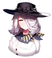 Rule 34 | 1girl, absurdres, arknights, beudelb, black hat, bow, commentary request, hair over one eye, hat, hat bow, highres, jacket, korean commentary, medium hair, orchid (arknights), simple background, solo, white background, white hair, yellow eyes