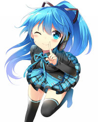 Rule 34 | 1girl, ;), alternate hairstyle, black ribbon, black shirt, black thighhighs, blue eyes, blue hair, blue ribbon, blue skirt, blush, breasts, closed mouth, collared shirt, commentary request, dutch angle, hair between eyes, hair ribbon, hatsune miku, headgear, high ponytail, ikari (aor3507), long hair, long sleeves, looking at viewer, medium breasts, neck ribbon, no shoes, one eye closed, plaid, plaid skirt, pleated skirt, ribbon, shirt, simple background, skirt, smile, solo, standing, standing on one leg, striped ribbon, thighhighs, very long hair, vocaloid, white background