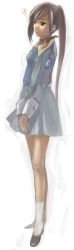 Rule 34 | 1girl, ascot, atlus, blue necktie, breasts, closed mouth, facing to the side, from side, full body, grey jacket, grey skirt, haruhashi, high ponytail, jacket, kirishima eriko, long hair, long image, long sleeves, looking ahead, looking to the side, matching hair/eyes, medium breasts, musical note, necktie, orange scarf, own hands clasped, own hands together, persona, persona 1, ponytail, purple eyes, purple hair, scarf, school uniform, shoes, simple background, skirt, socks, solo, st. hermelin school uniform, standing, tall image, uniform, white background, white socks