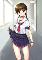 Rule 34 | 1girl, aoi rando, blush, braid, brown hair, clothes lift, collarbone, commentary request, eyebrows, female focus, indoors, long hair, looking at viewer, low twintails, open mouth, original, pleated skirt, red eyes, school uniform, serafuku, short sleeves, skirt, skirt lift, solo, standing, twin braids, twintails, watch
