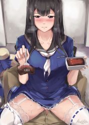 Rule 34 | 1boy, 1girl, black hair, blue dress, blue ribbon, breasts, brown eyes, clothed sex, commission, cowgirl position, dress, food, fork, garter straps, girl on top, hat, hetero, hiroki ree, holding, holding food, holding fork, incoming food, indoors, iowa (pacific), kantai collection, lace, lace-trimmed dress, lace-trimmed legwear, lace trim, large breasts, long hair, mole, mole under eye, pacific (kancolle), panties, panties around leg, penis, pleated skirt, pussy, ribbon, ribbon-trimmed legwear, ribbon trim, sex, short sleeves, sitting, sitting on person, skirt, solo focus, steak, straddling, sun hat, sweat, uncensored, underwear, unworn hat, unworn headwear, uss iowa (bb-61), vaginal, very sweaty, white legwear, white panties