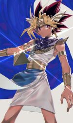 Rule 34 | 1boy, armlet, atem, bare shoulders, black hair, blonde hair, bracelet, closed mouth, dark-skinned male, dark skin, dyed bangs, earrings, egyptian, eye of horus, feet out of frame, highres, jewelry, looking at viewer, male focus, millennium puzzle, pelvic curtain, short hair, sleeveless, solo, spiked hair, standing, sunanogimo, yu-gi-oh!, yu-gi-oh! duel monsters