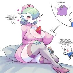 Rule 34 | 1boy, 1girl, bed sheet, blush, breasts, chibi, cleavage cutout, closed mouth, clothing cutout, covered erect nipples, creatures (company), ditto, english text, game freak, gardevoir, gen 1 pokemon, gen 3 pokemon, green hair, hair over one eye, hat, heart, highres, huge breasts, long sleeves, miniskirt, nintendo, nurse, nurse cap, pillow, pink footwear, pinkkoffin, pokemon, pokemon (creature), red eyes, short hair, simple background, sitting, skirt, smile, thighhighs, white background, white thighhighs