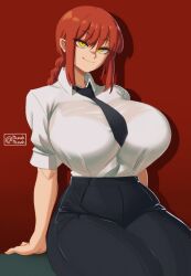 Rule 34 | 1girl, absurdres, artist name, bra, braid, braided ponytail, breasts, chainsaw man, curvy, highres, huge breasts, looking at viewer, makima (chainsaw man), munah munah, necktie, pants, perky breasts, red hair, sidelocks, signature, sitting, solo, thick thighs, thighs, underwear, wide hips, yellow eyes