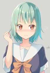 Rule 34 | &gt;:(, 10s, 1girl, alternate hair length, alternate hairstyle, aqua hair, ascot, blush, closed mouth, embarrassed, eyebrows, flying sweatdrops, frown, grey background, gurande (g-size), hand in own hair, highres, kantai collection, looking at viewer, red eyes, school uniform, serafuku, short hair, simple background, solo, twitter username, v-shaped eyebrows, yuubari (kancolle)