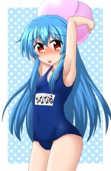 Rule 34 | 1girl, :o, alternate costume, armpits, arms up, belly, blue hair, blush, breasts, carrying overhead, covered navel, food, food on head, fruit, fruit on head, full-face blush, hinanawi tenshi, long hair, object on head, one-piece swimsuit, open mouth, oversized object, peach, red eyes, sad, school swimsuit, small breasts, solo, swimsuit, teoi (good chaos), touhou, very long hair