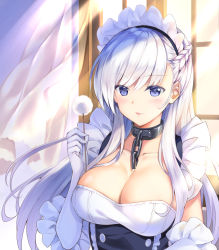 Rule 34 | 1girl, azur lane, belfast (azur lane), blue eyes, braid, breasts, chain, cleavage, collar, collarbone, commentary request, curtains, elbow gloves, eyebrows, french braid, gloves, hand up, holding, indoors, large breasts, long hair, looking at viewer, maid, maid headdress, mimikaki, parted lips, rei (rei&#039;s room), smile, solo, upper body, white gloves, white hair, wind, window