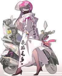 Rule 34 | 1girl, artist name, black eyes, black hair, black mask, chinese commentary, coat, commentary request, full body, hand in pocket, helmet, high heels, highres, long coat, long hair, long sleeves, looking at viewer, looking back, mask, motor vehicle, motorcycle helmet, mouth mask, original, pink headwear, scooter, simple background, solo, standing, taiwan, tennohi, tokkoufuku, white background, white coat