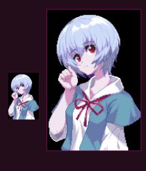 Rule 34 | 1girl, arm up, ayanami rei, black background, blouse, blue hair, breasts, cazanera, closed mouth, collar, collarbone, commentary request, hair between eyes, looking at viewer, neck ribbon, neon genesis evangelion, pixel art, red eyes, red ribbon, ribbon, school uniform, shirt, short hair, short sleeves, simple background, solo, tokyo-3 middle school uniform, uniform, upper body, white shirt
