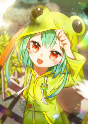 Rule 34 | 1girl, :d, adjusting hood, animal print, blurry, blurry background, blush, cloud print, colored tips, fang, frog print, frog raincoat, green hair, highres, hololive, hood, koka12312, long sleeves, multicolored hair, open mouth, red eyes, smile, snail print, solo, symbol-only commentary, upper body, uruha rushia, virtual youtuber, yellow raincoat