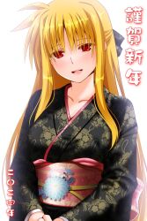 Rule 34 | 1girl, blonde hair, blush, breasts, collarbone, engo (aquawatery), fate testarossa, hair ribbon, japanese clothes, kimono, large breasts, long hair, looking at viewer, lyrical nanoha, mahou shoujo lyrical nanoha strikers, open mouth, red eyes, ribbon, simple background, smile, solo, white background