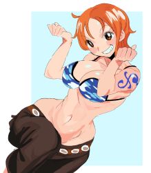 Rule 34 | 1girl, absurdres, bikini, bikini top only, blue background, blue bikini, blue bra, bra, breasts, brown pants, dutch angle, grin, highres, jaggy lines, large breasts, looking at viewer, lowleg, lowleg pants, matching hair/eyes, midriff, nami (one piece), navel, one piece, orange eyes, orange hair, outside border, pants, short hair, shueisha, simple background, smile, swimsuit, tattoo, two-tone background, underwear, white background, whoopsatro