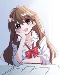 Rule 34 | 1girl, :d, arm support, arms on table, blush, bow, bowtie, brown hair, collarbone, commentary, dress shirt, fujishima megumi, hand on own cheek, hand on own face, head rest, head tilt, highres, kanduki kamibukuro, link! like! love live!, long hair, loose bowtie, love live!, open mouth, partially unbuttoned, purple eyes, red bow, red bowtie, shirt, sidelighting, sketch, smile, solo, striped bow, striped bowtie, striped clothes, virtual youtuber, white shirt