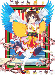 Rule 34 | 1girl, bell, bird, blue wings, blush, brown hair, cherry blossoms, chick, chicken, chinese zodiac, closed mouth, detached sleeves, eggplant, feathered wings, full body, hair bell, hair between eyes, hair ornament, japanese clothes, jingle bell, kimono, kimono skirt, looking at viewer, maruhana, obi, original, outstretched arms, ribbon-trimmed sleeves, ribbon trim, rooster, sandals, sash, short twintails, smile, solo, standing, standing on one leg, tabi, thighhighs, twintails, white thighhighs, white wings, wings, year of the rooster, yellow kimono