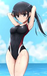Rule 34 | 1girl, agatsuma kaede, alice gear aegis, armpits, arms behind head, black hair, black one-piece swimsuit, blue sky, breasts, clothes writing, cloud, covered navel, cowboy shot, day, grey eyes, highres, horizon, long hair, medium breasts, multicolored clothes, multicolored swimsuit, nontemu, ocean, one-piece swimsuit, outdoors, ponytail, presenting armpit, sky, solo, swimsuit, wet, wet clothes, wet swimsuit