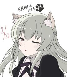 Rule 34 | 1girl, ;p, animal ear fluff, animal ears, arms at sides, assault lily, black ribbon, blush, brown eyes, buttons, cat day, cat ears, closed mouth, egawa kusumi, flower, grey hair, hair flower, hair ornament, kemonomimi mode, kimassi, light smile, long hair, looking at viewer, neck ribbon, one eye closed, portrait, puffy sleeves, ribbon, school uniform, shirt, sidelocks, simple background, solo, tongue, tongue out, translated, white background, white shirt, yurigaoka girls academy school uniform
