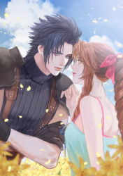 Rule 34 | 1boy, 1girl, aerith gainsborough, armor, bare shoulders, black gloves, black hair, blue eyes, blurry, blurry foreground, braid, braided ponytail, brown hair, cloud, cloudy sky, couple, crisis core final fantasy vii, dress, earrings, final fantasy, final fantasy vii, flower, gloves, green eyes, hair ribbon, jewelry, long hair, looking at another, petals, ribbon, shoulder armor, sky, sleeveless, sleeveless dress, sleeveless turtleneck, suspenders, turtleneck, vrekx x, white dress, zack fair