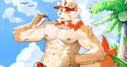Rule 34 | 1boy, abs, absurdres, animal ears, arknights, bara, baseball cap, beach, brown fur, bulge, cropped, dog boy, dog ears, erection, erection under clothes, feet out of frame, first aid, furry, furry male, hat, highres, horns, hung (arknights), large pectorals, large tail, looking at bulge, male focus, male swimwear, medium hair, midriff peek, multicolored hair, muscular, muscular male, navel, navel hair, nipples, orange eyes, orange hair, out-of-frame censoring, outdoors, palm tree, pectoral cleavage, pectorals, red male swimwear, single horn, solo, standing, streaked hair, swim briefs, tail, thick eyebrows, tree, two-tone fur, upper body, uza (hellme), whistle, whistle around neck, white fur, white hair