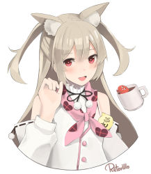Rule 34 | 1girl, nanashi inc., :d, alternate costume, animal ear fluff, animal ears, animare, artist name, bad id, bad pixiv id, badge, bare shoulders, brown hair, buttons, cat ears, coffee mug, commentary request, cropped torso, cup, detached sleeves, extra ears, hair between eyes, hand up, heart, heart print, highres, kemonomimi mode, long hair, long sleeves, looking at viewer, mug, natori sana, neckerchief, open mouth, pink neckerchief, pom pom (clothes), puffy sleeves, red eyes, retorillo, ribbon-trimmed sleeves, ribbon trim, sana channel, sidelocks, simple background, smile, solo, two side up, virtual youtuber, white background