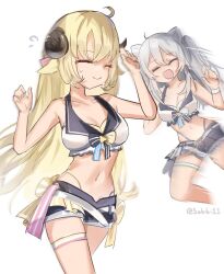 Rule 34 | 2girls, :d, ^ ^, ahoge, animal ears, bare arms, bare shoulders, belt, black shorts, blonde hair, breasts, chasing, cleavage, closed eyes, collarbone, commentary, curled horns, derivative work, drooling, flying sweatdrops, grey hair, hair between eyes, highres, hololive, hololive summer 2023 swimsuit, horns, lion ears, long hair, medium breasts, motion blur, multiple girls, navel, nervous sweating, open mouth, screenshot redraw, sheep ears, sheep girl, sheep horns, shishiro botan, short shorts, shorts, simple background, smile, sobbi11, stomach, sweat, thigh strap, tsunomaki watame, twintails, twitter username, very long hair, virtual youtuber, white background