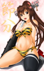 Rule 34 | 10s, 1girl, animal print, bandeau, bikini, breasts, brown eyes, brown hair, cleavage, club, club (weapon), collarbone, full body, headgear, kanabou, kantai collection, keito (keito-ya), large breasts, long hair, looking at viewer, navel, oni, open mouth, ponytail, setsubun, single thighhigh, sitting, solo, spiked club, strapless, strapless bikini, swimsuit, thighhighs, tiger print, wariza, weapon, yamato (kancolle)