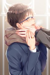 Rule 34 | 10s, 2boys, black hair, blue-framed eyewear, coat, engagement ring, closed eyes, glasses, hands on another&#039;s face, happy tears, highres, jewelry, katsuki yuuri, male focus, multiple boys, open mouth, ring, scarf, smile, solo focus, somnium, tears, viktor nikiforov, yaoi, yuri!!! on ice
