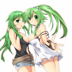 Rule 34 | 2girls, ass, belt, blush, bottomless, breast press, breasts, caam serenity of gusto, choker, duel monster, gloves, green eyes, green hair, jewelry, large breasts, long hair, multiple girls, no panties, ponytail, ring, smile, tagme, winda (yu-gi-oh!), winda priestess of gusto, yu-gi-oh!