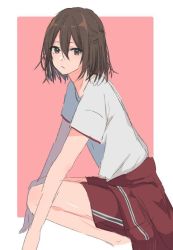 Rule 34 | 1girl, brown eyes, brown hair, closed mouth, clothes around waist, gym shirt, gym uniform, hair between eyes, jacket, jacket around waist, kantai collection, looking at viewer, medium hair, red shorts, rinto (rint rnt), sendai (kancolle), shirt, short sleeves, shorts, simple background, sketch, solo, squatting, two-tone background, two side up